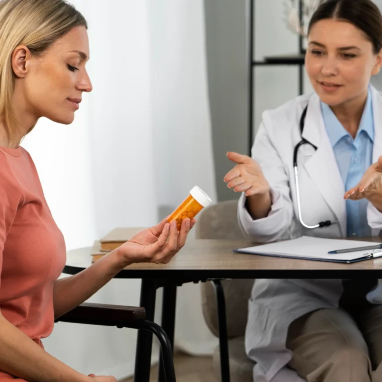 side-view-woman-holding-pills-container